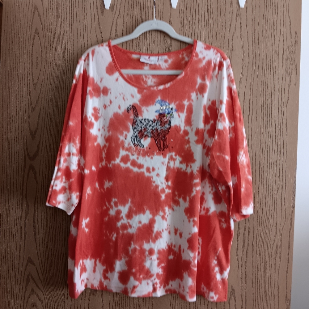 Quacker Factory Orange Halloween Cat Tie-Dye Top
